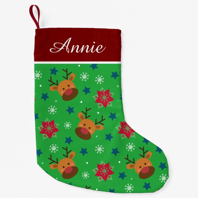 Cute Reindeer & Snowflake Personalized Small Christmas Stocking (Front)