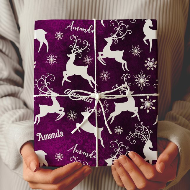 Cute reindeer snowflakes Christmas purple  Wrapping Paper (Creator Uploaded)