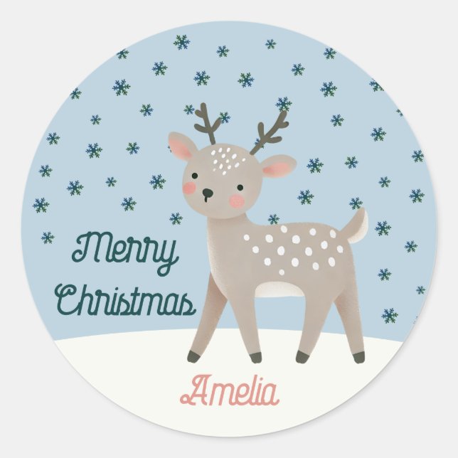 Cute Reindeer Snowflakes Drawing Name Christmas Classic Round Sticker (Front)