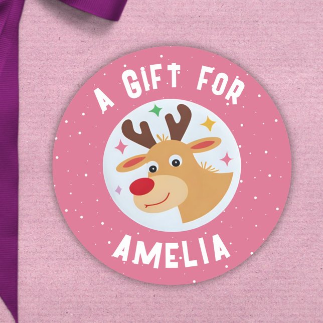 Cute Reindeer Snowflakes Kid`s Name Christmas  Classic Round Sticker (Creator Uploaded)
