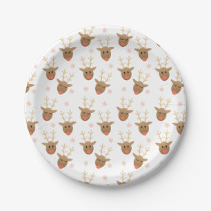 Cute Reindeer Snowflakes Pattern Orange Paper Plates