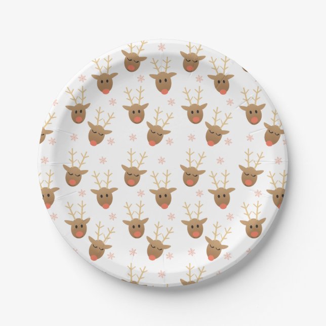 Cute Reindeer Snowflakes Pattern Orange Paper Plates (Front)