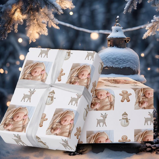 Cute Reindeer Snowman Photo Christmas Holiday Wrapping Paper (Creator Uploaded)