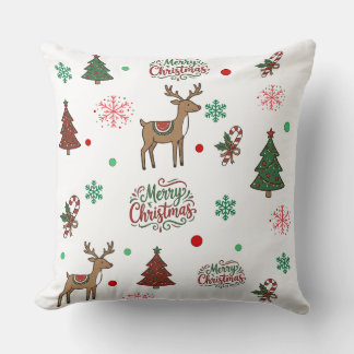 Cute Reindeer & Tree Merry Christmas Pattern Throw Throw Pillow