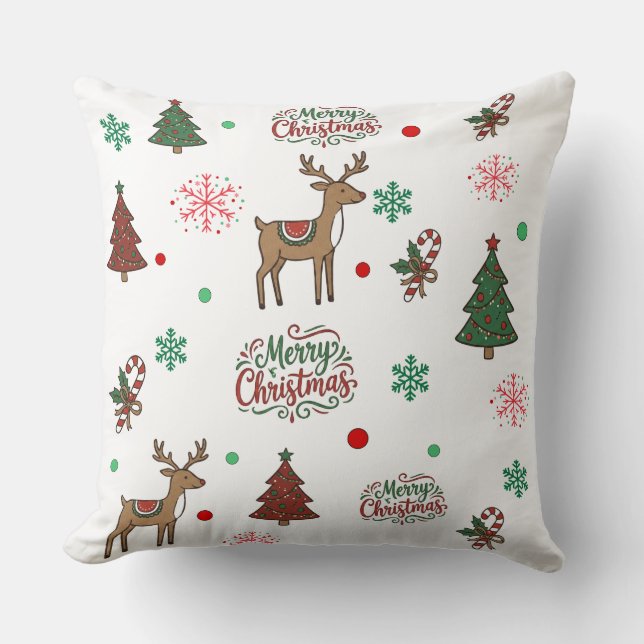 Cute Reindeer & Tree Merry Christmas Pattern Throw Throw Pillow (Front)