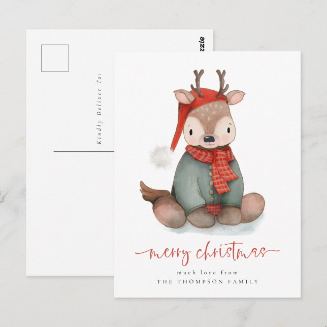 Cute Reindeer Watercolor Merry Christmas Holiday Postcard (Front/Back)