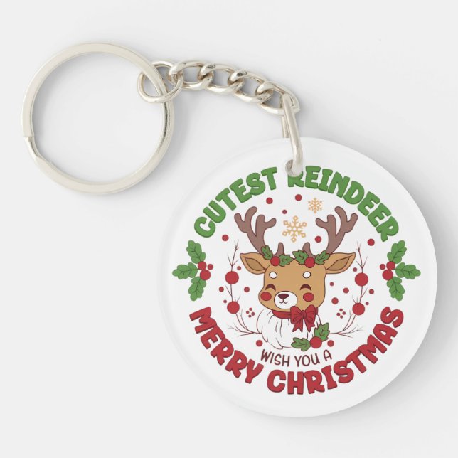Cute Reindeer Wish You A Merry Christmas Keychain (Front)