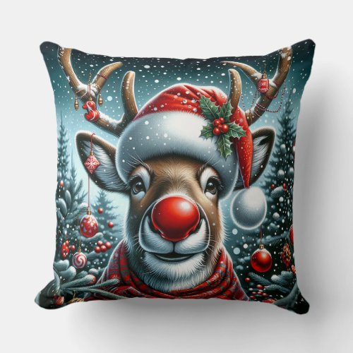 Cute Reindeer with a Red Nose Throw Pillow