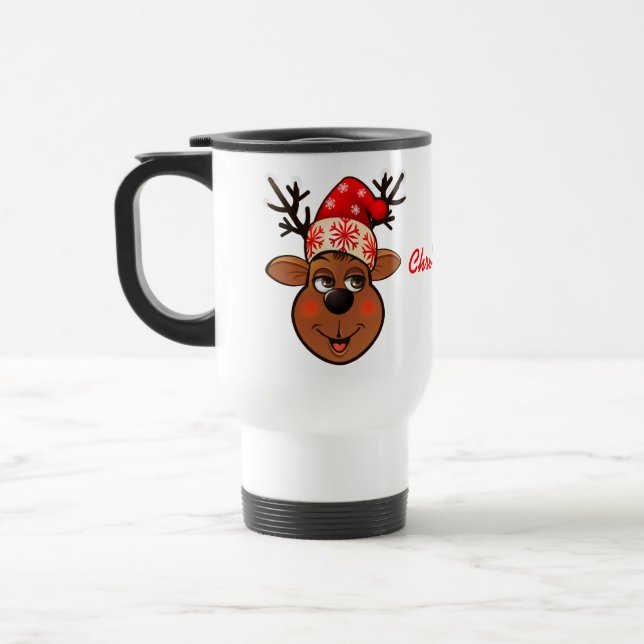 Cute Reindeer With Christmas Hat Travel Mug (Left)