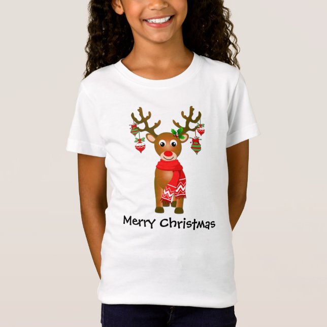 Cute Reindeer With Christmas Ornaments And Text T-Shirt (Front)