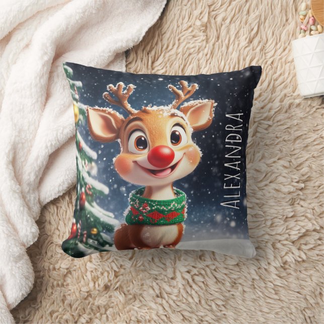 Cute reindeer with Christmas Tree Winter Snowfall Throw Pillow (Blanket)