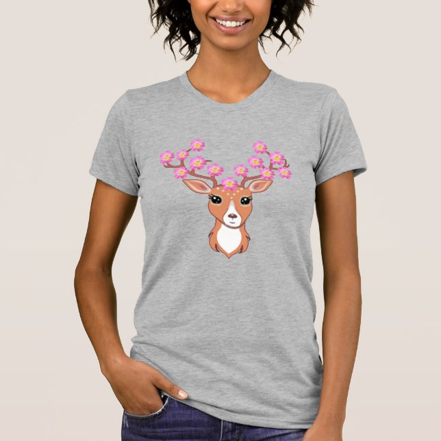 Cute Reindeer with Pink Flowers T-Shirt (Front)