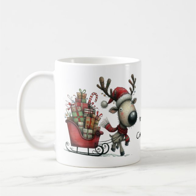 Cute Reindeer with Sleigh and Presents Coffee Mug (Left)