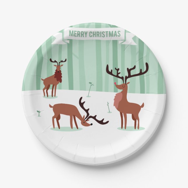 Cute Reindeers Christmas paper plates (Front)