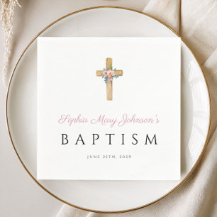 Cute Religious Pink Floral Cross Baptism Napkins