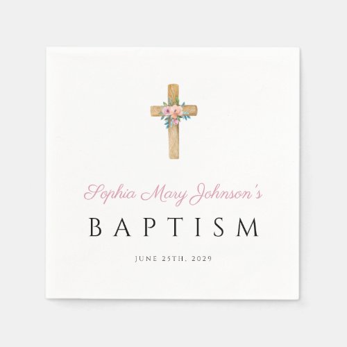 Cute Religious Pink Floral Cross Baptism  Napkins