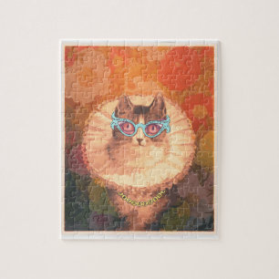 Cute Renaissance cat with glasses and gold chain Jigsaw Puzzle