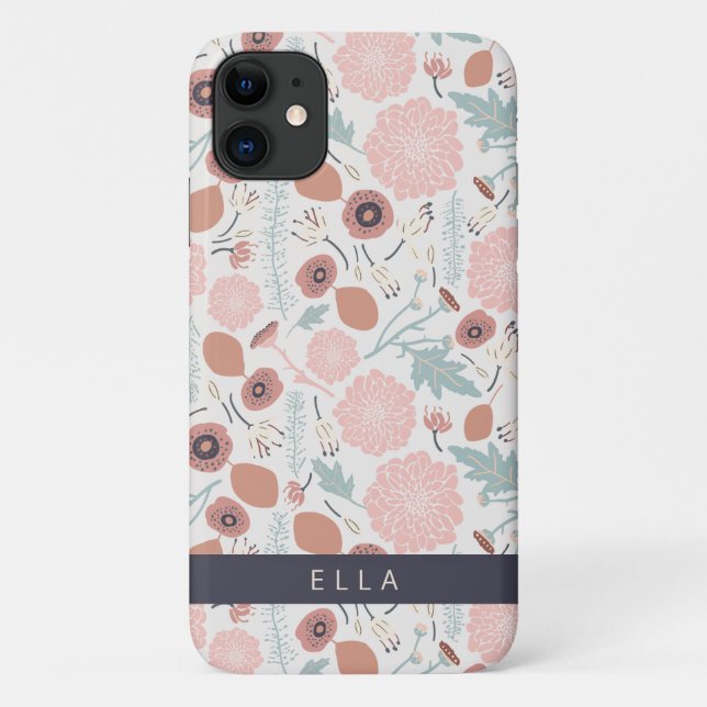 Cute Repeat Pink Cream Botanical Floral Print Name Case-Mate iPhone Case (Back)