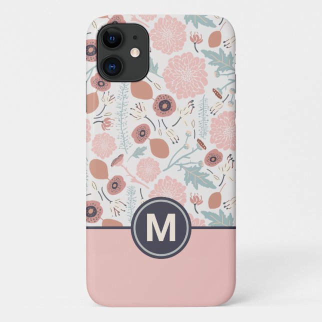 Cute Repeat Pink Cream Floral Botanical Monogram Case-Mate iPhone Case (Back)