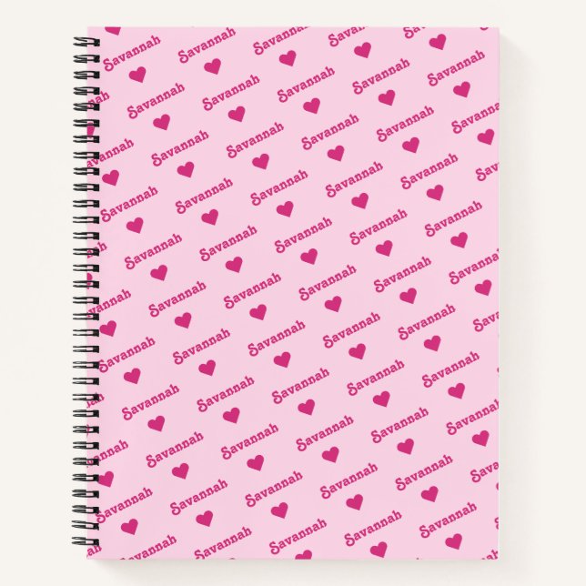 Cute Repeating Name & Hearts Girly Pink Notebook (Front)