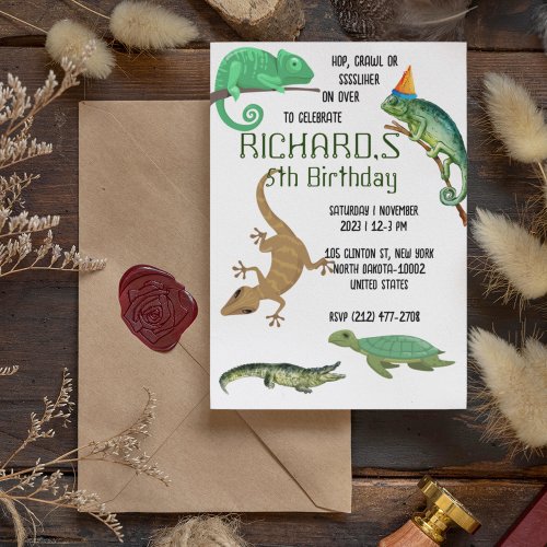 Cute Reptile Themed Kids Birthday Party Invitation