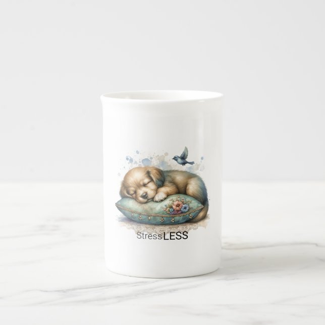 Cute Restful Puppy Stress Less Bone China Mug (Front)