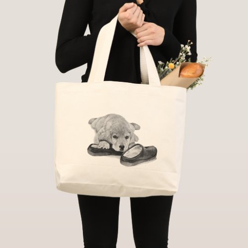 Cute retriever puppy dog black and white art large tote bag