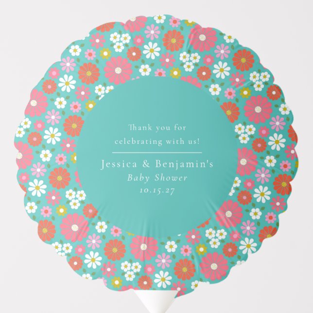 Cute Retro 60s Flower Turquoise Custom Baby Shower Balloon (Front)