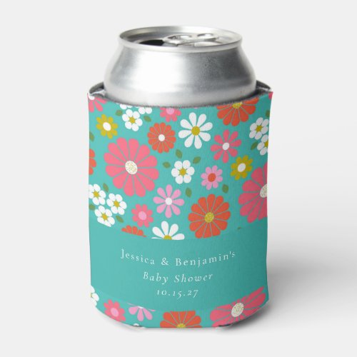 Cute Retro 60s Flower Turquoise Custom Baby Shower Can Cooler