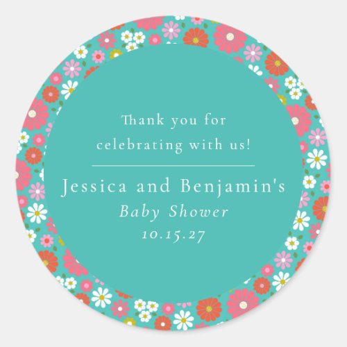 Cute Retro 60s Flower Turquoise Custom Baby Shower Classic Round Sticker