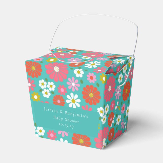 Cute Retro 60s Flower Turquoise Custom Baby Shower Favor Boxes (Front Side)