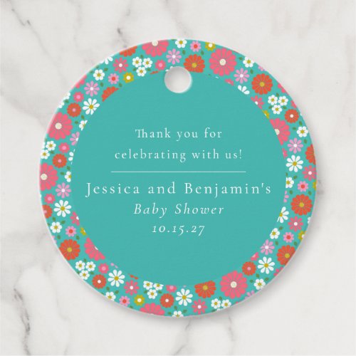 Cute Retro 60s Flower Turquoise Custom Baby Shower Favor Tags