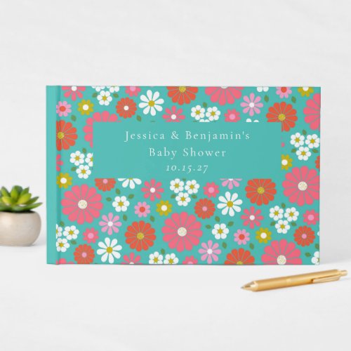Cute Retro 60s Flower Turquoise Custom Baby Shower Guest Book