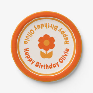 Cute Retro 70s Flower Happy Birthday Orange Paper Plates