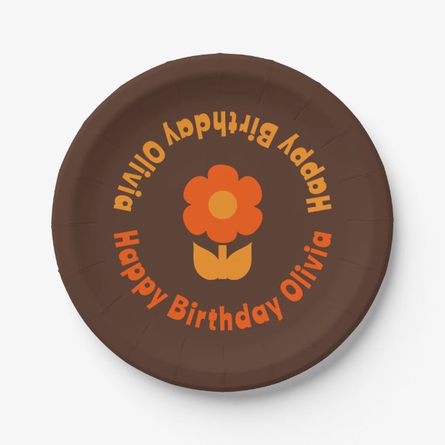 Cute Retro 70s Flower Orange Brown Birthday Paper Plates (Front)