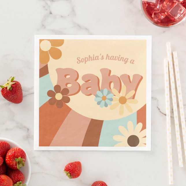Cute Retro 70s Groovy Baby Shower Paper Dinner Napkins (Insitu)