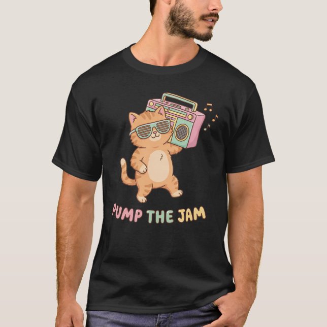 Cute Retro 90s Cat Boombox Pump The Jam T-Shirt (Front)