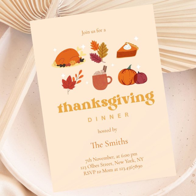 Cute Retro Aesthetic Chic Thanksgiving Dinner Invitation (Thanksgiving Dinner Orange White Pumpkins Peach Invitation)