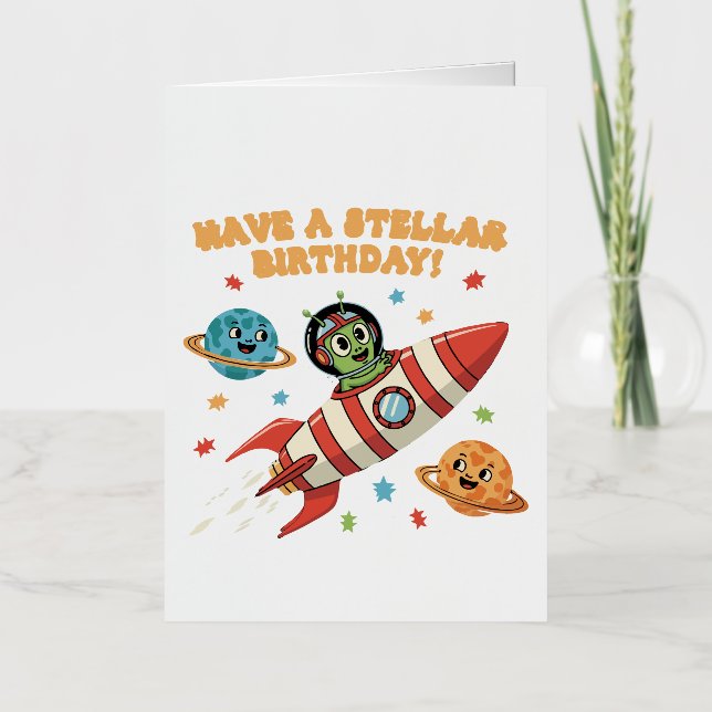 Cute Retro Alien in Rocket Ship | Stellar Space Bi Foil Greeting Card (Front)