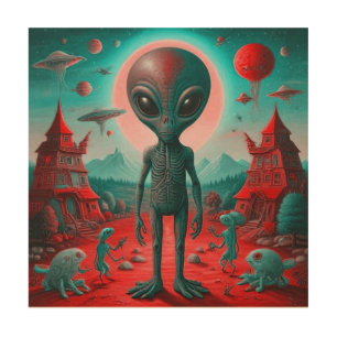 Cute retro alien on wood wall art
