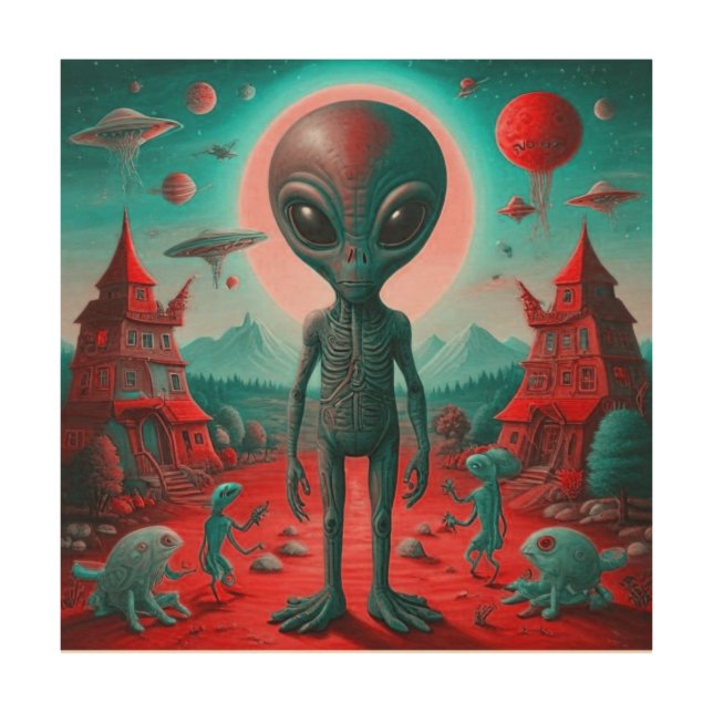 Cute retro alien on wood wall art (Front)