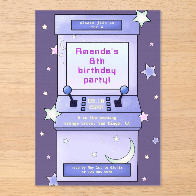 Cute Retro Arcade Game Kids Birthday Acrylic Invitations (Front)