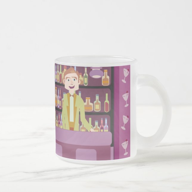 Cute Retro Art Romantic Bar Nightlife Cartoon Frosted Glass Coffee Mug (Right)