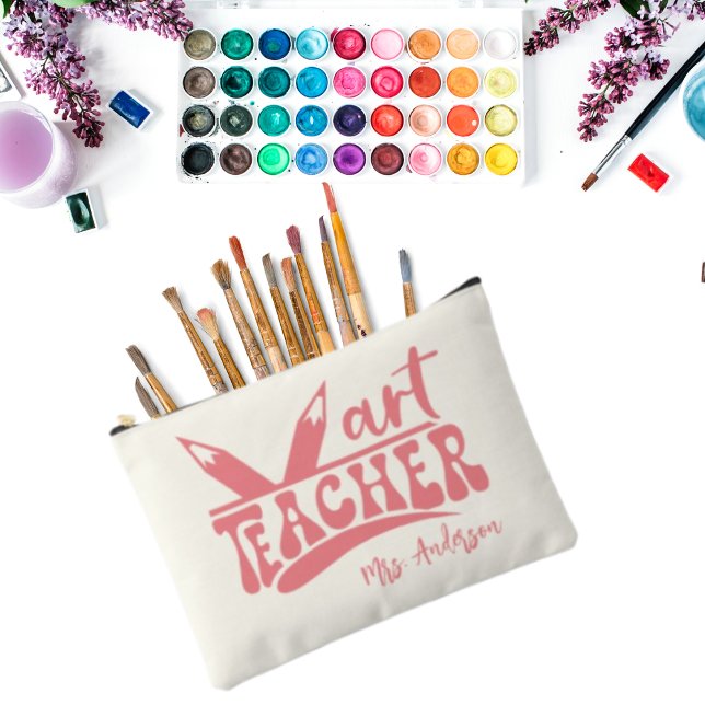 Cute Retro Art Teacher Ivory White Personalized Accessory Pouch (Creator Uploaded)