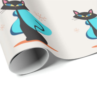 Cute Retro Atomic 50s Black Cat Pattern Wrapping Paper