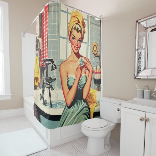 Cute Retro Bath Pin Up Illustration Shower Curtain