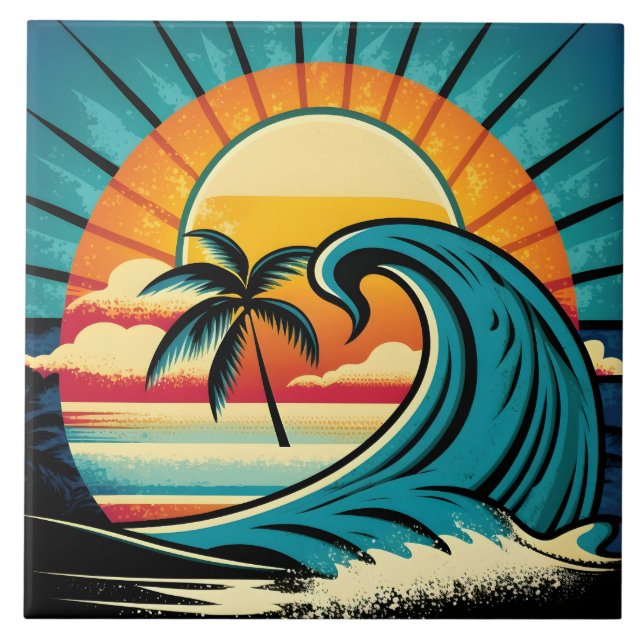 Cute retro beach house  ceramic tile (Front)