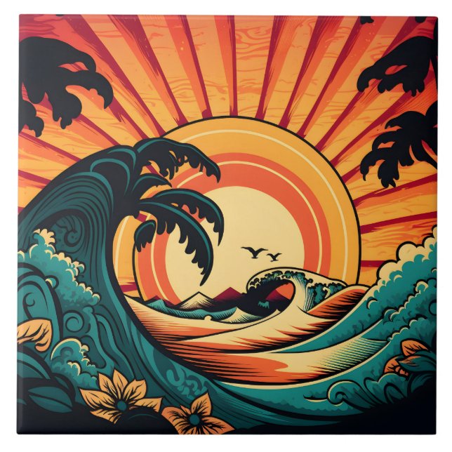 Cute retro beach house  ceramic tile (Front)