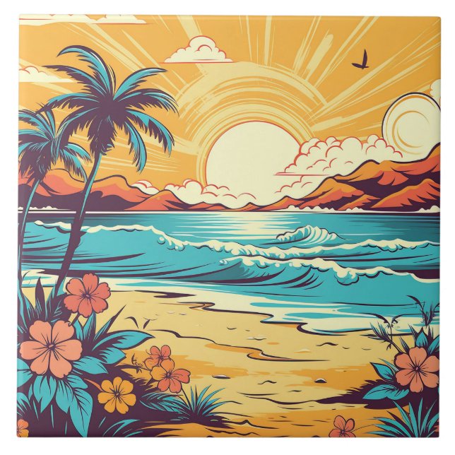 Cute retro beach house  ceramic tile (Front)