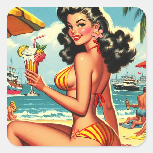 Cute Retro Bikini Girl Square Sticker (Front)